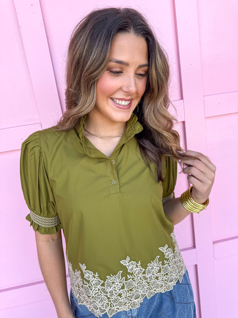 balloon sleeves detailed hem ruffle collar button vneck womens boutique Jincy's