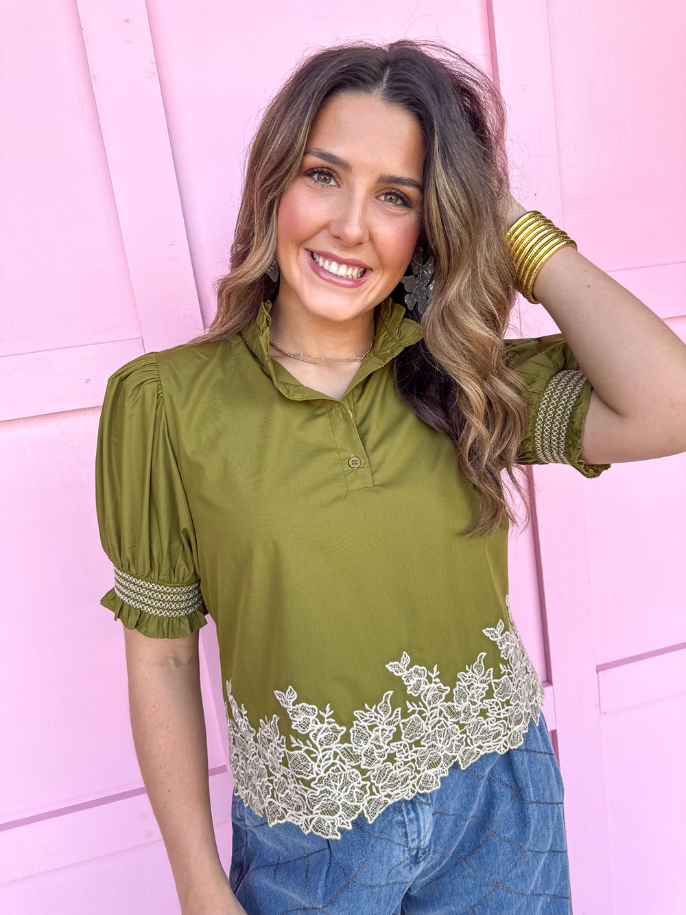 balloon sleeves detailed hem ruffle collar button vneck womens boutique Jincy's