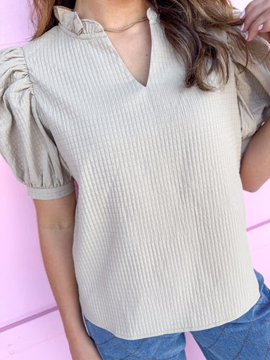 puff sleeves ruffle collar v neck waffle material womens boutique Jincy's