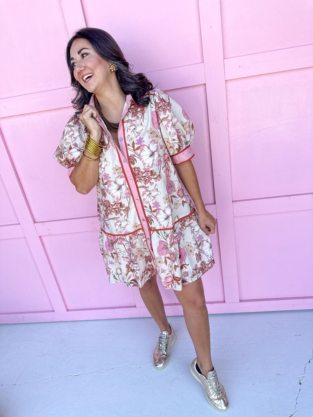 midi length button front balloon sleeves floral print womens boutique Jincy's