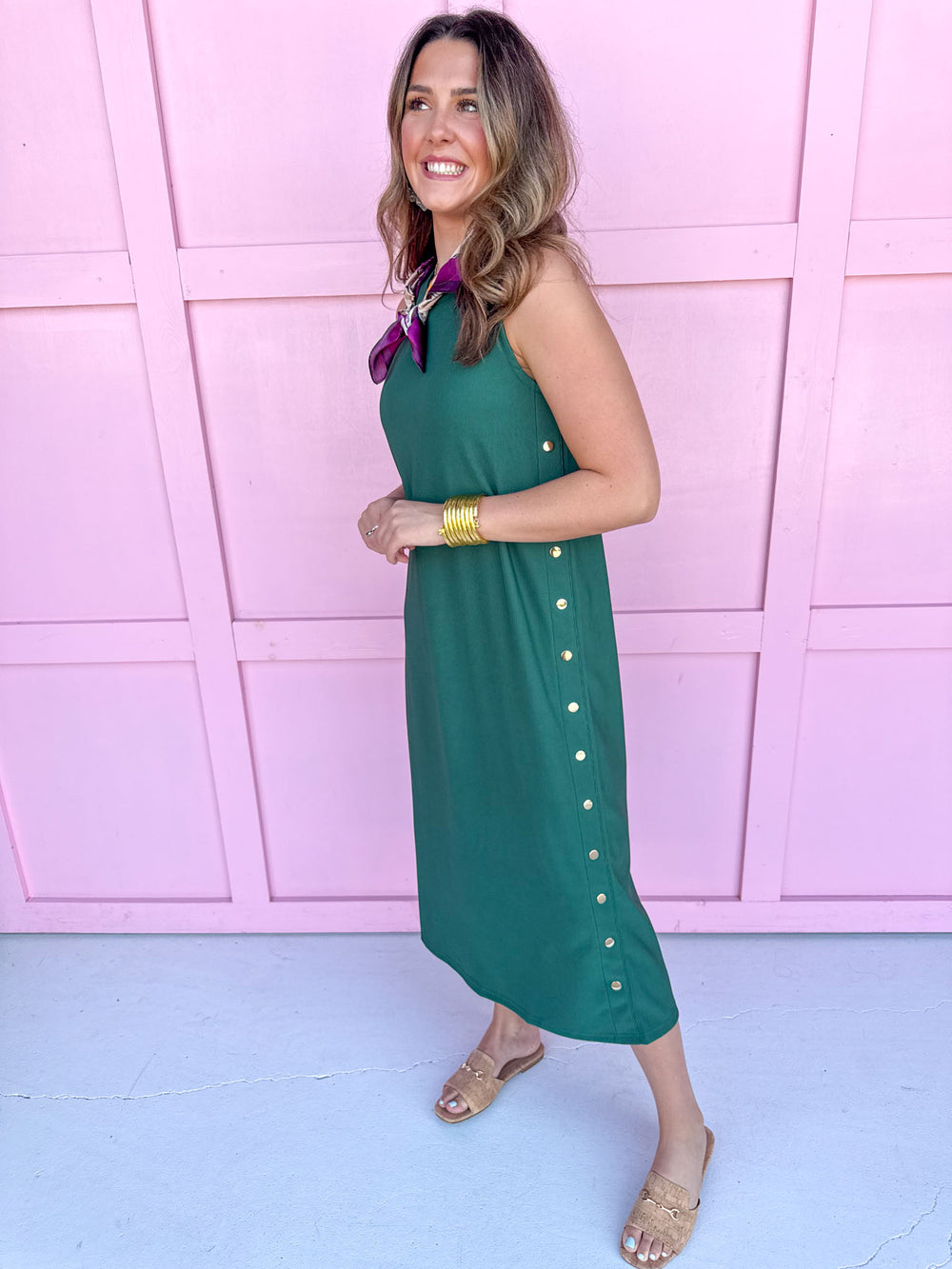 sleeveless midi length rib texture faux buttons on side back slit womens boutique Jincy's