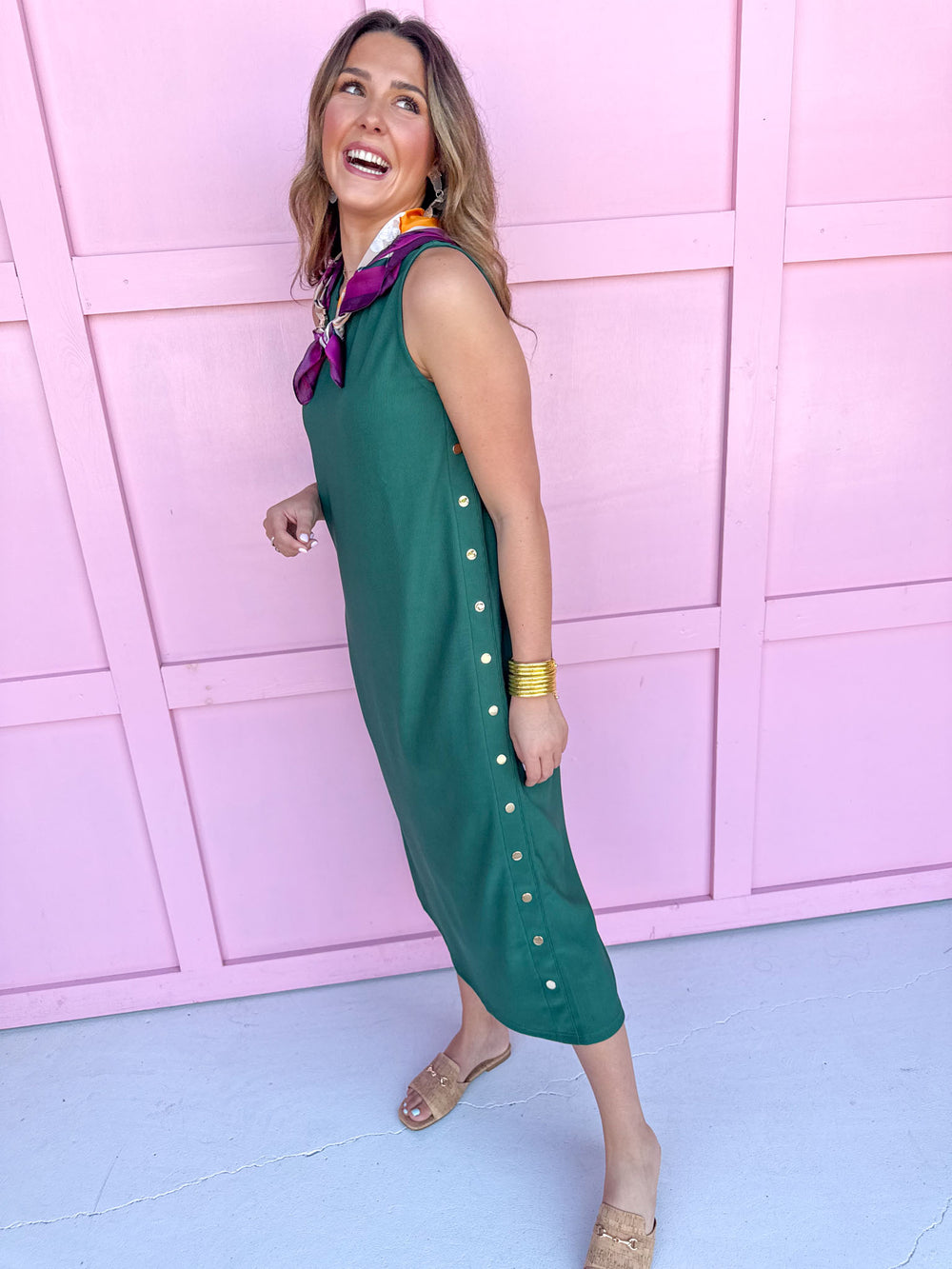 sleeveless midi length rib texture faux buttons on side back slit womens boutique Jincy's