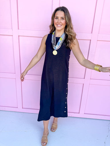 sleeveless midi length rib texture faux buttons on side back slit womens boutique Jincy's