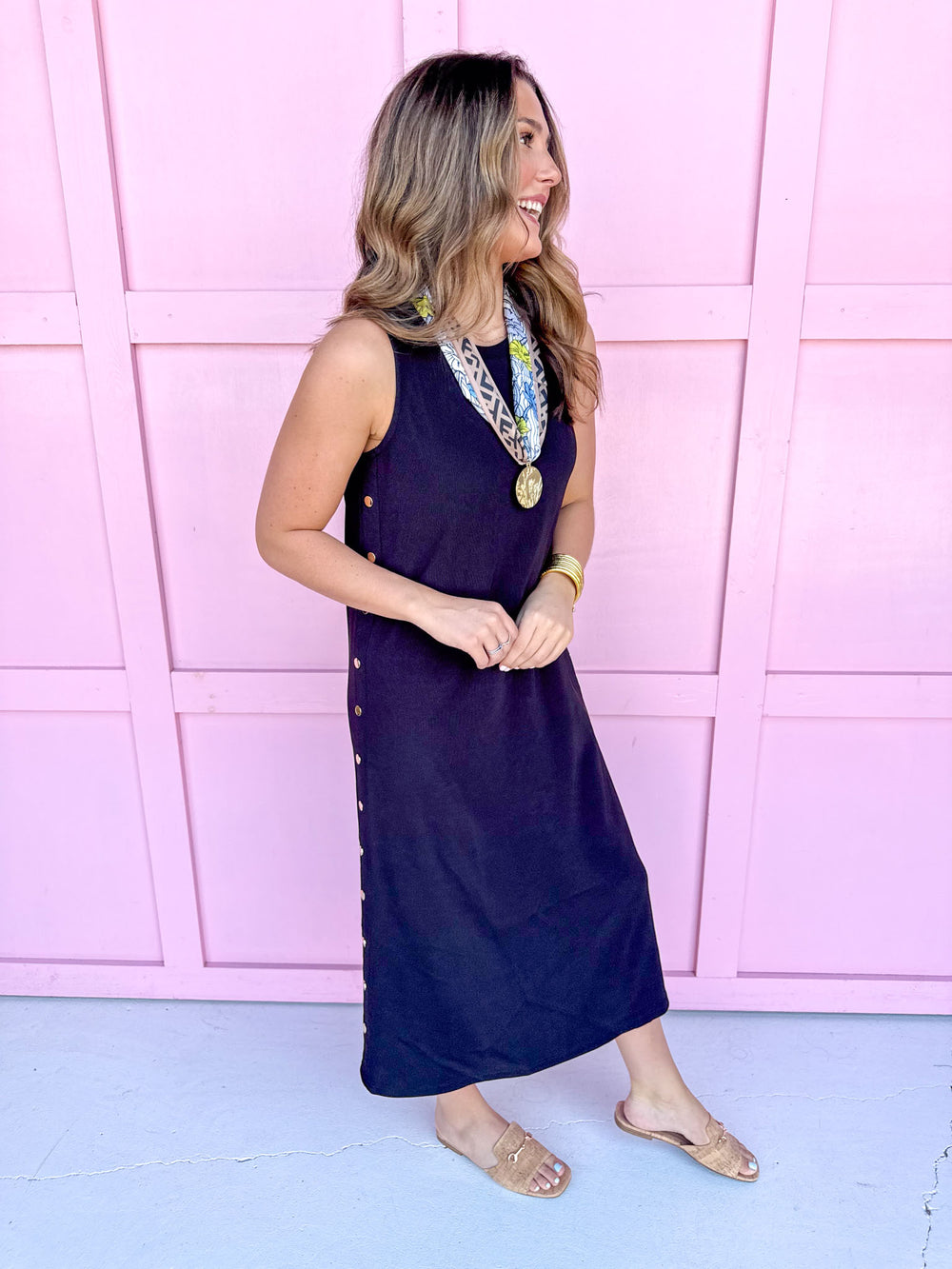 sleeveless midi length rib texture faux buttons on side back slit womens boutique Jincy's