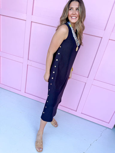 sleeveless midi length rib texture faux buttons on side back slit womens boutique Jincy's