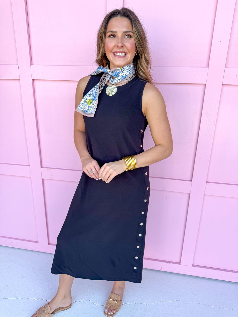 sleeveless midi length rib texture faux buttons on side back slit womens boutique Jincy's