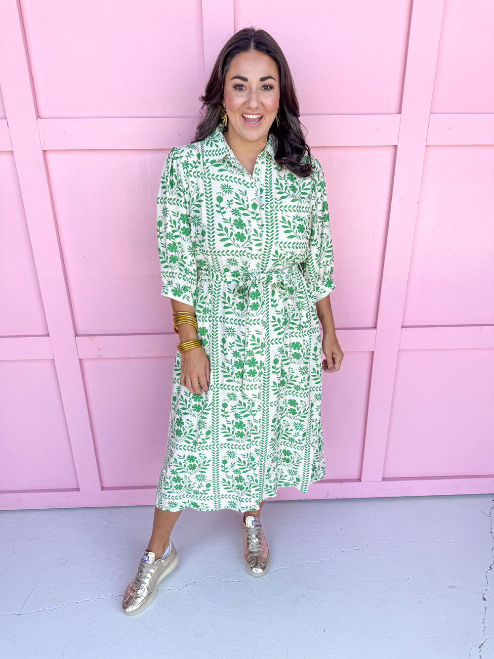 green & white midi length dress button front 3/4 length sleeves womens boutique Jincy's 