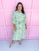 green & white midi length dress button front 3/4 length sleeves womens boutique Jincy's 
