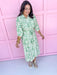 green & white midi length dress button front 3/4 length sleeves womens boutique Jincy's 