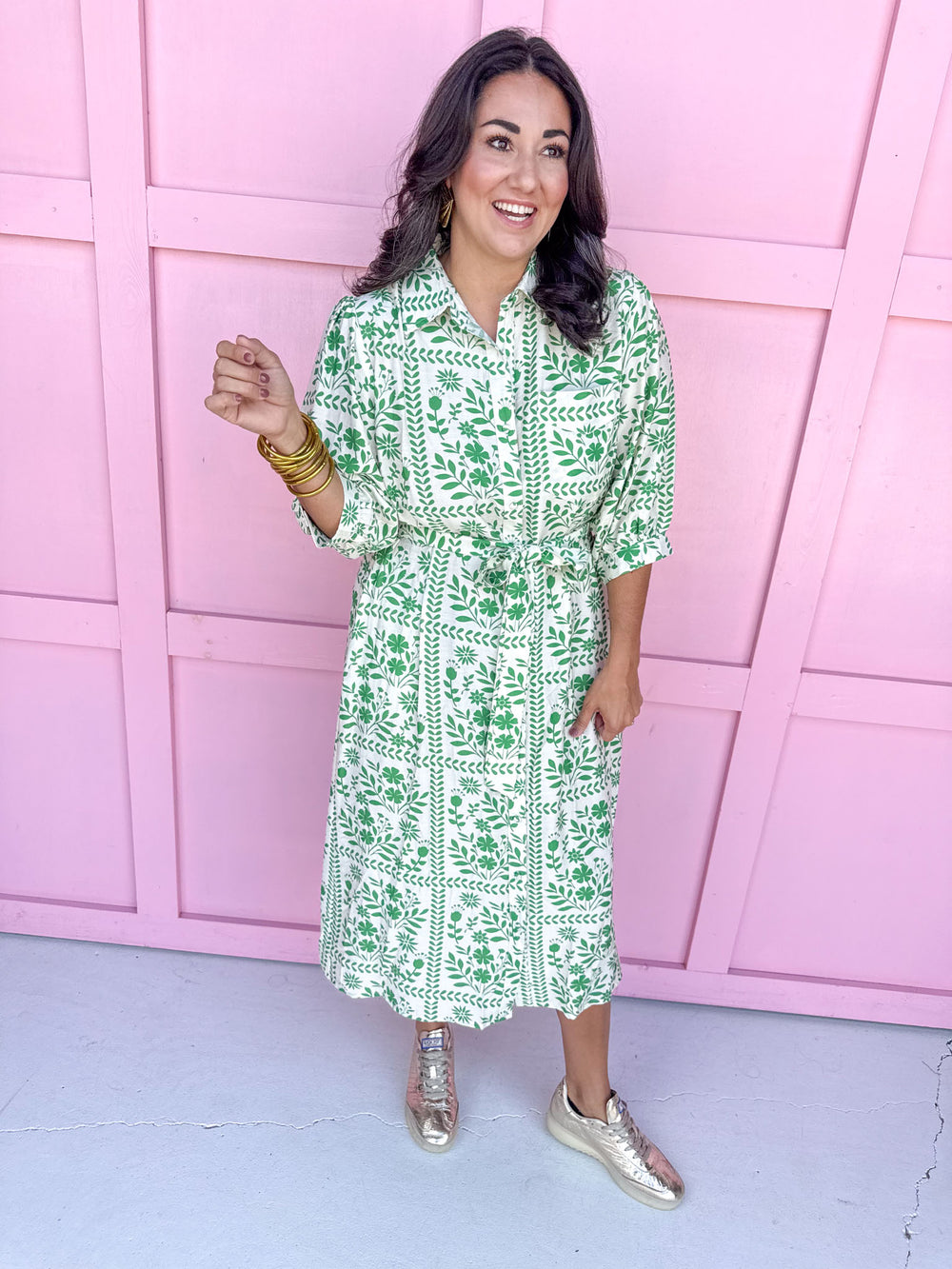 green & white midi length dress button front 3/4 length sleeves womens boutique Jincy's 