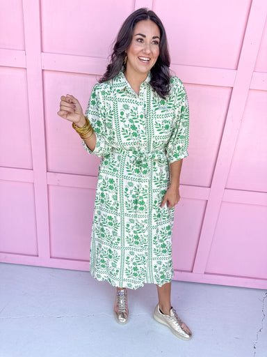 green & white midi length dress button front 3/4 length sleeves womens boutique Jincy's 