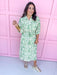 green & white midi length dress button front 3/4 length sleeves womens boutique Jincy's 