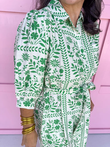 green & white midi length dress button front 3/4 length sleeves womens boutique Jincy's 