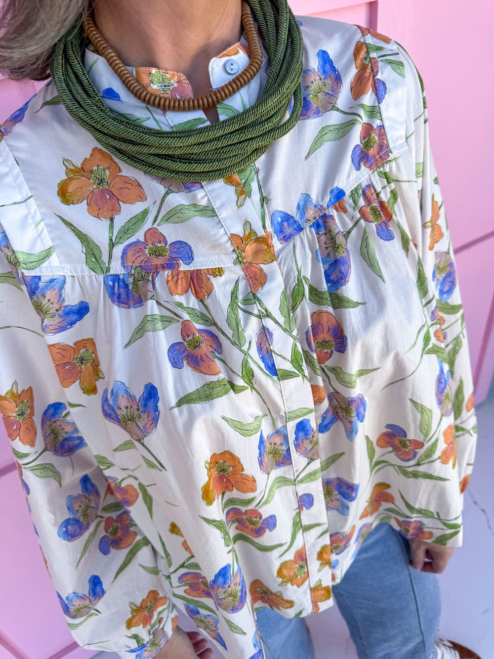 Jincy's Women's Boutique cream long sleeve floral top 