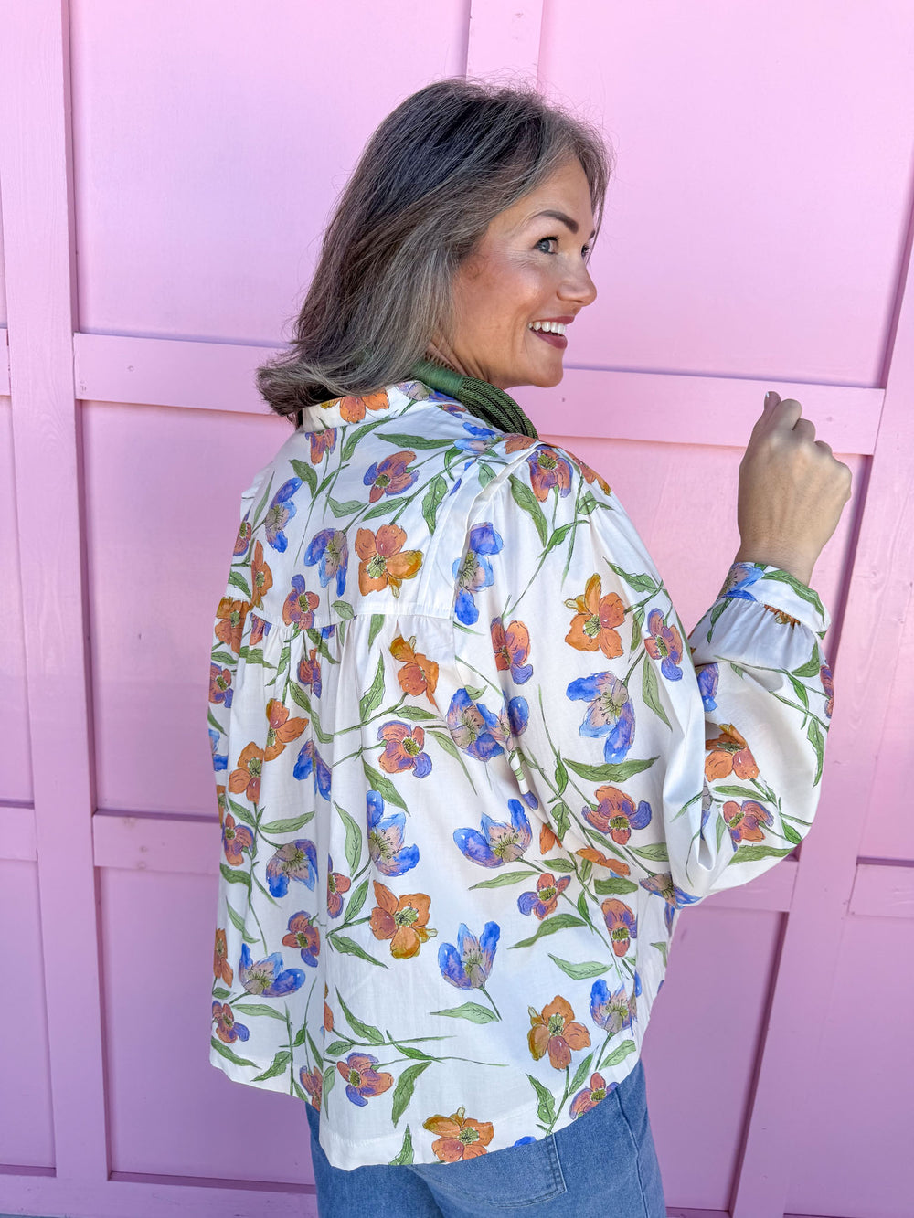 Jincy's Women's Boutique cream long sleeve floral top 