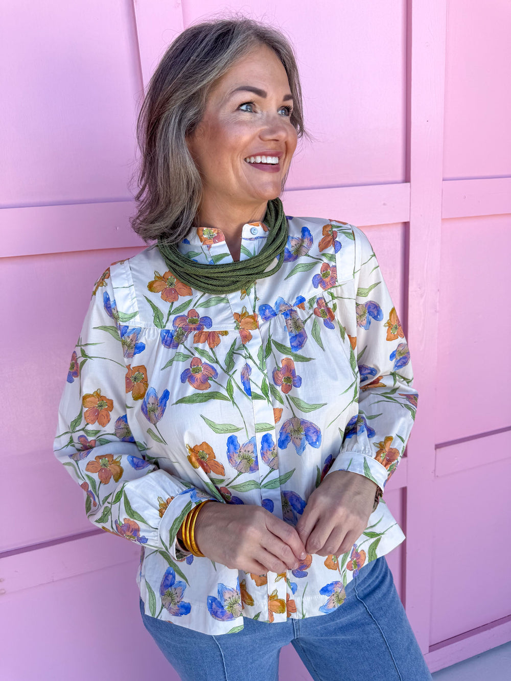 Jincy's Women's Boutique cream long sleeve floral top 