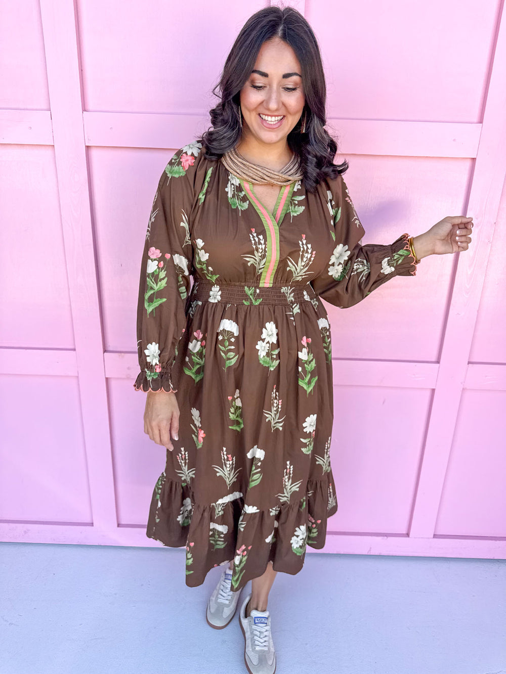 fall styles womens boutique midi length brown floral print jincy's