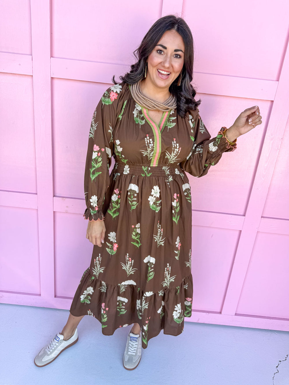 fall styles womens boutique midi length brown floral print jincy's