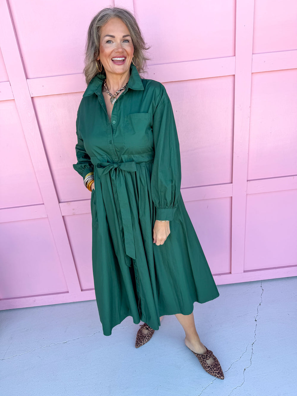 womens boutique dress button front solid hunter green long sleeve adjustable waist tie midi length jincy's