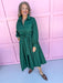 womens boutique dress button front solid hunter green long sleeve adjustable waist tie midi length jincy's