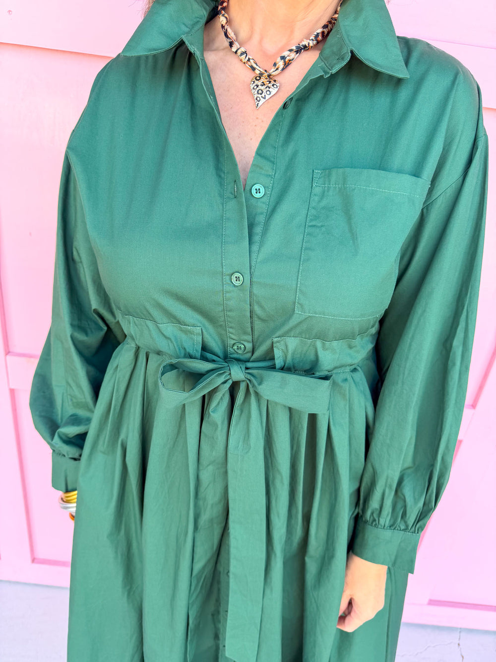 womens boutique dress button front solid hunter green long sleeve adjustable waist tie midi length jincy's