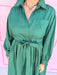 womens boutique dress button front solid hunter green long sleeve adjustable waist tie midi length jincy's