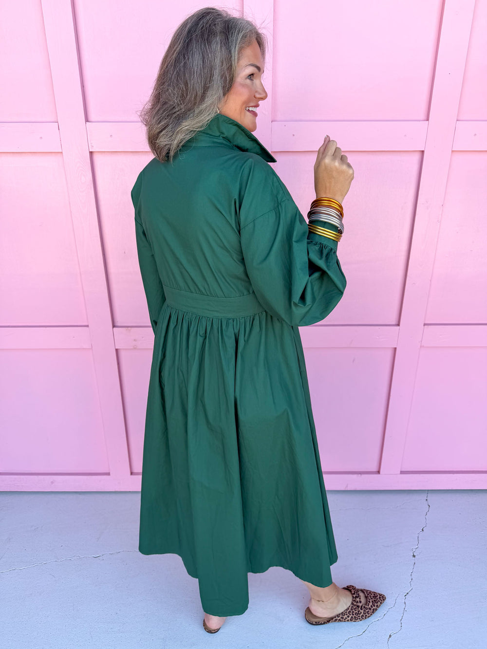 womens boutique dress button front solid hunter green long sleeve adjustable waist tie midi length jincy's