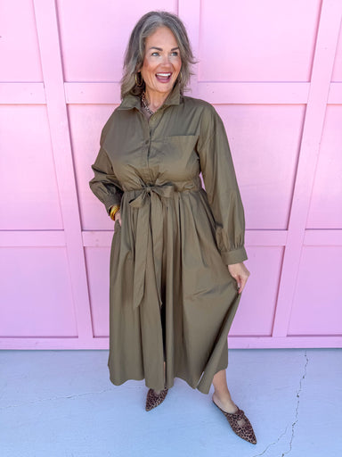 womens boutique dress solid olive button front long sleeves midi length has pockets jincy's
