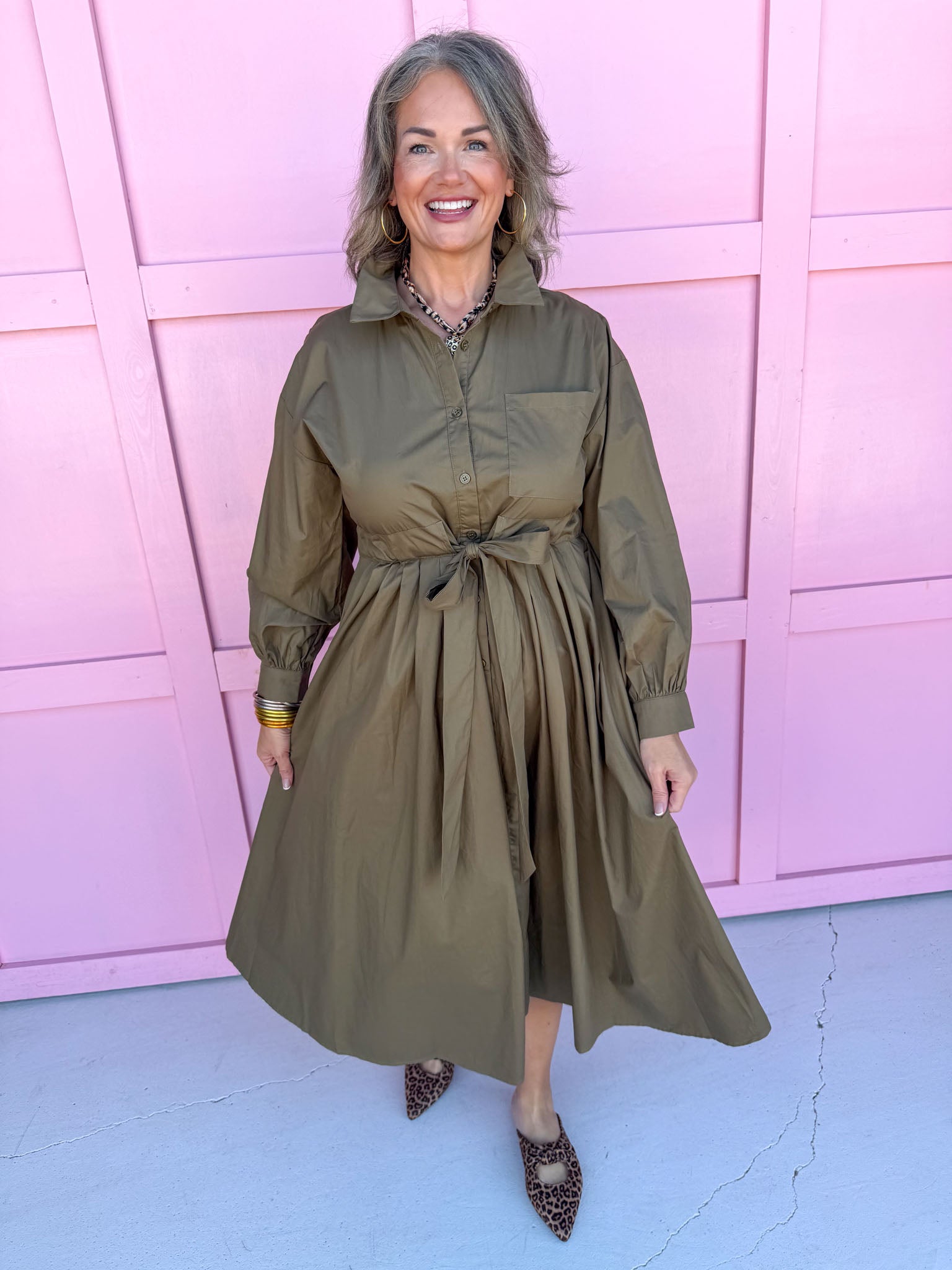 womens boutique dress solid olive button front long sleeves midi length has pockets jincy's