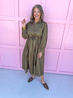 womens boutique dress solid olive button front long sleeves midi length has pockets jincy's