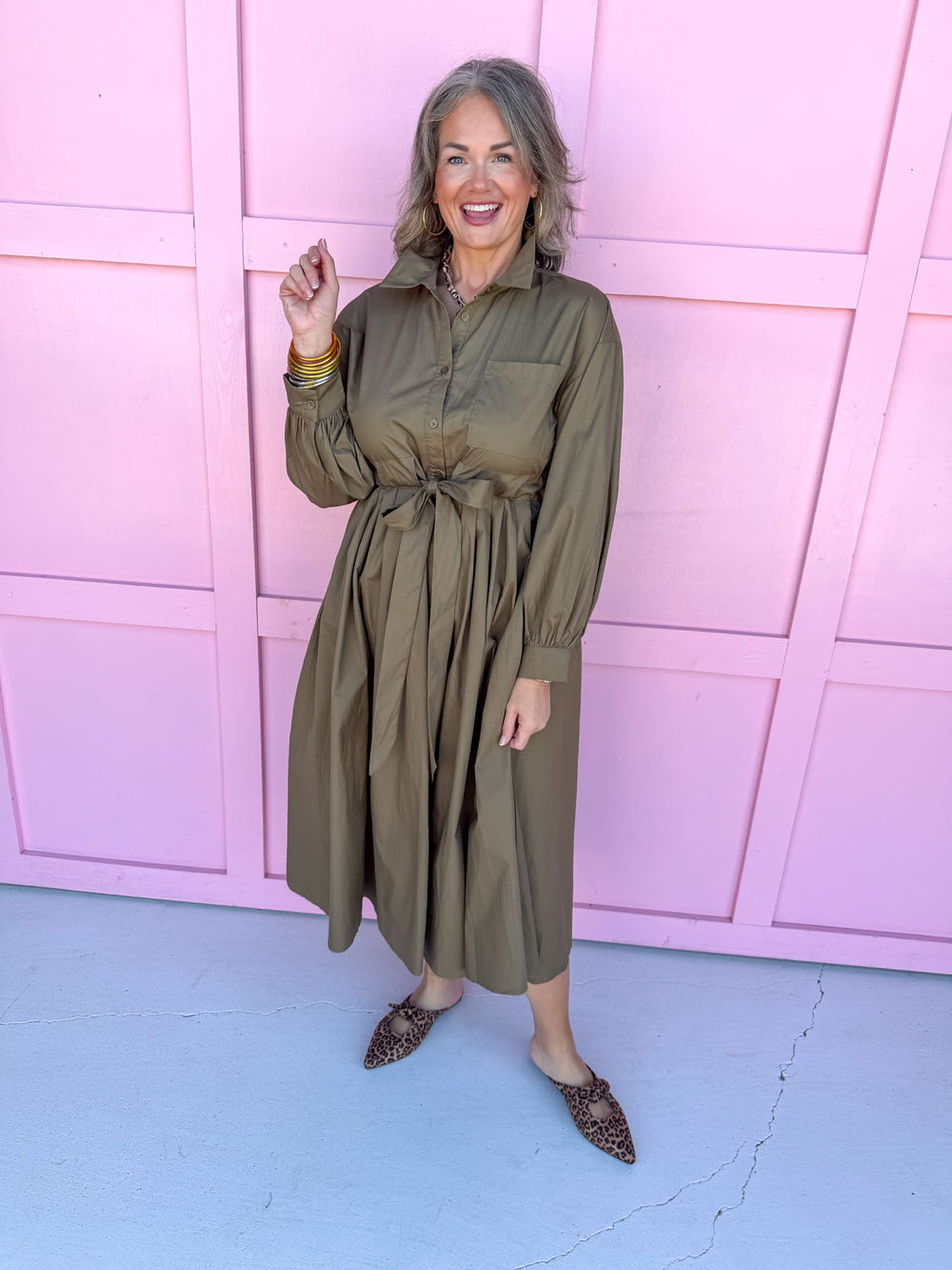 womens boutique dress solid olive button front long sleeves midi length has pockets jincy's