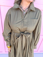womens boutique dress solid olive button front long sleeves midi length has pockets jincy's