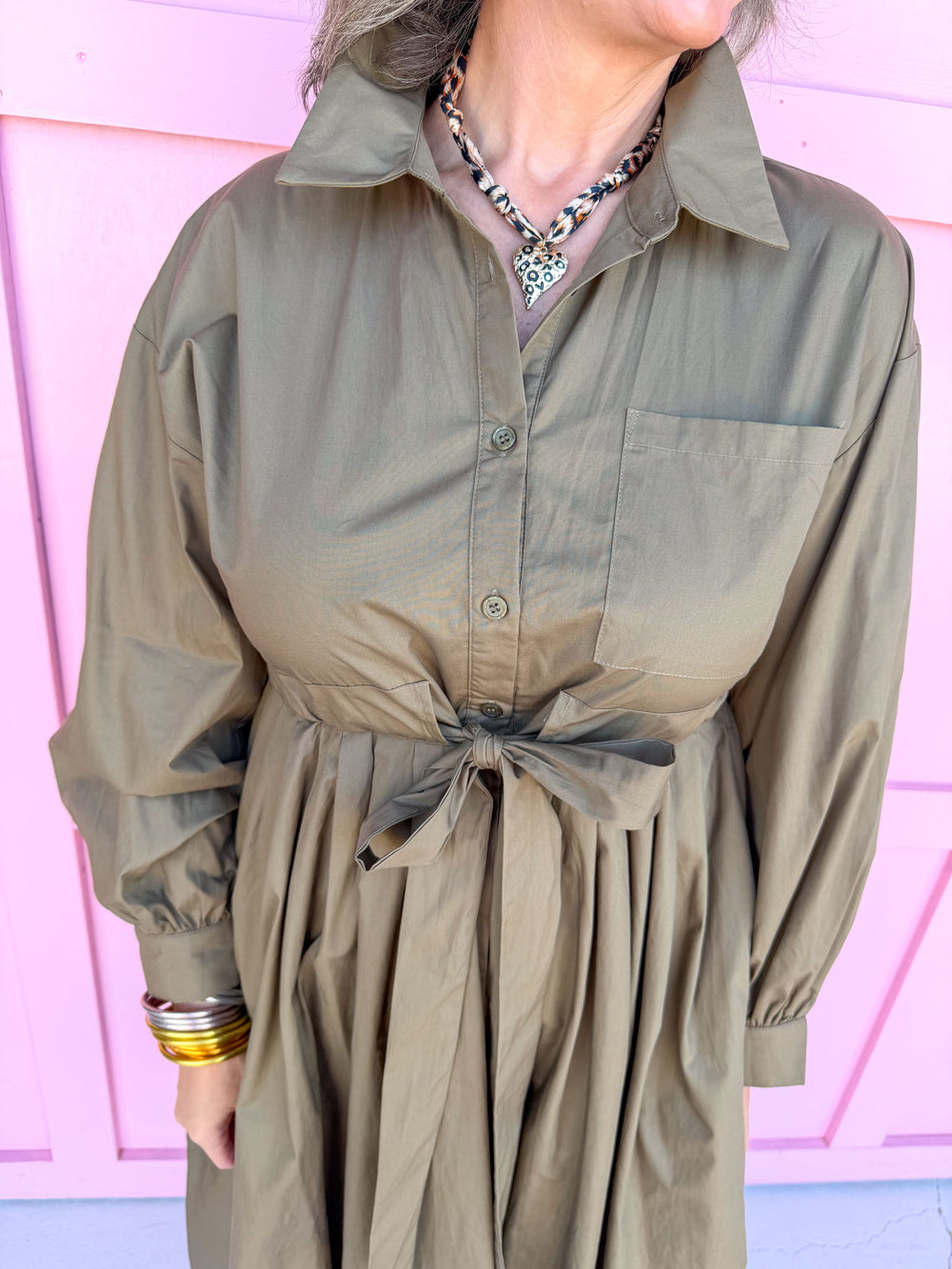 womens boutique dress solid olive button front long sleeves midi length has pockets jincy's