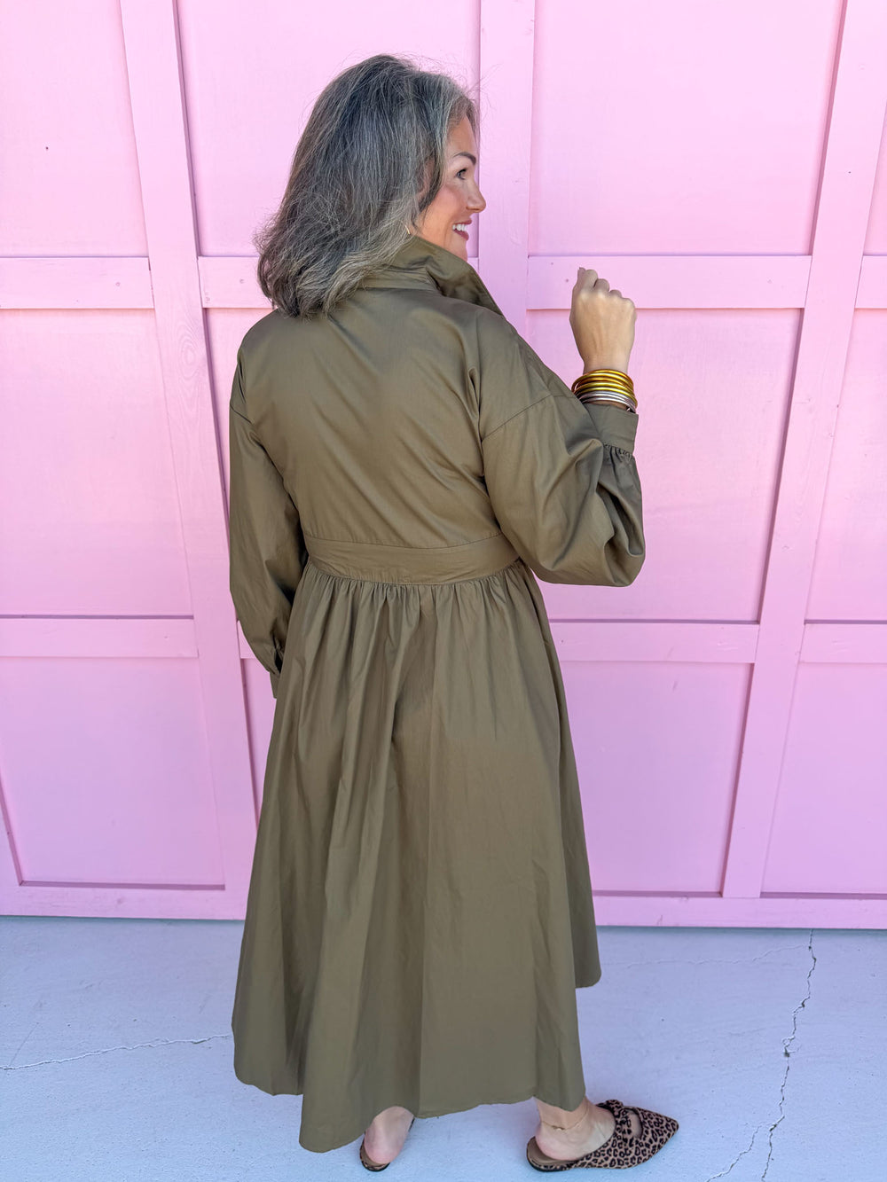 womens boutique dress solid olive button front long sleeves midi length has pockets jincy's