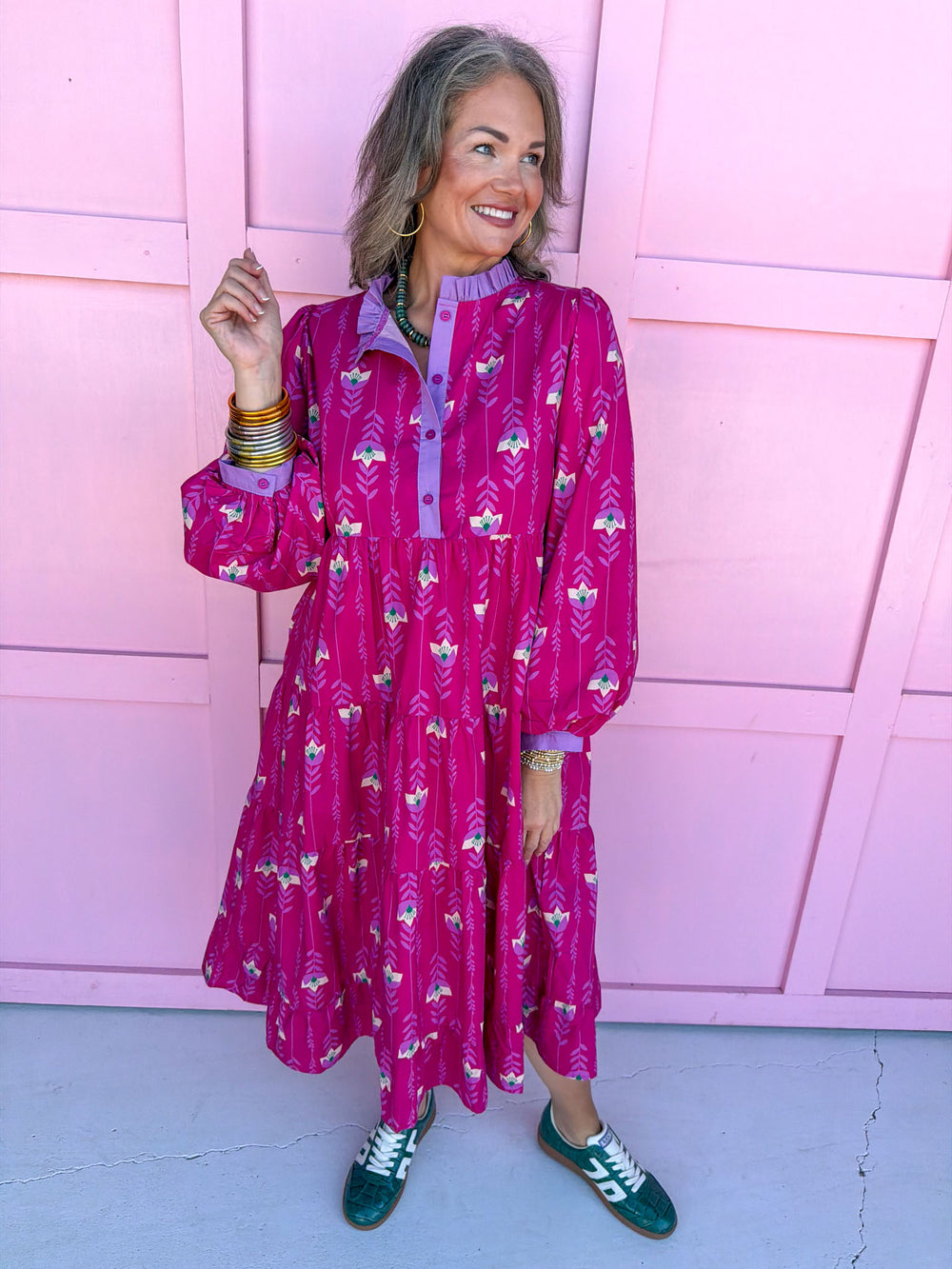 womens boutique dress magenta button front long sleeves fall dress jincy's 