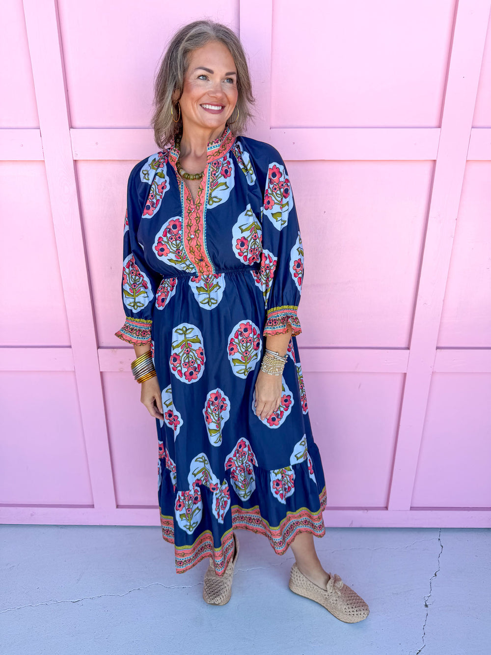 womens boutique dress navy floral print lined midi length jincy's