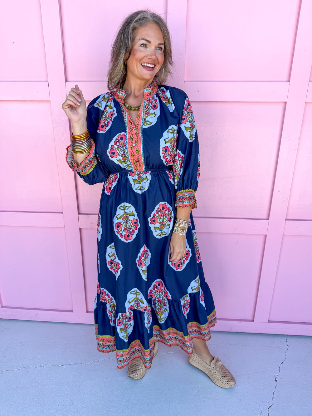 womens boutique dress navy floral print lined midi length jincy's