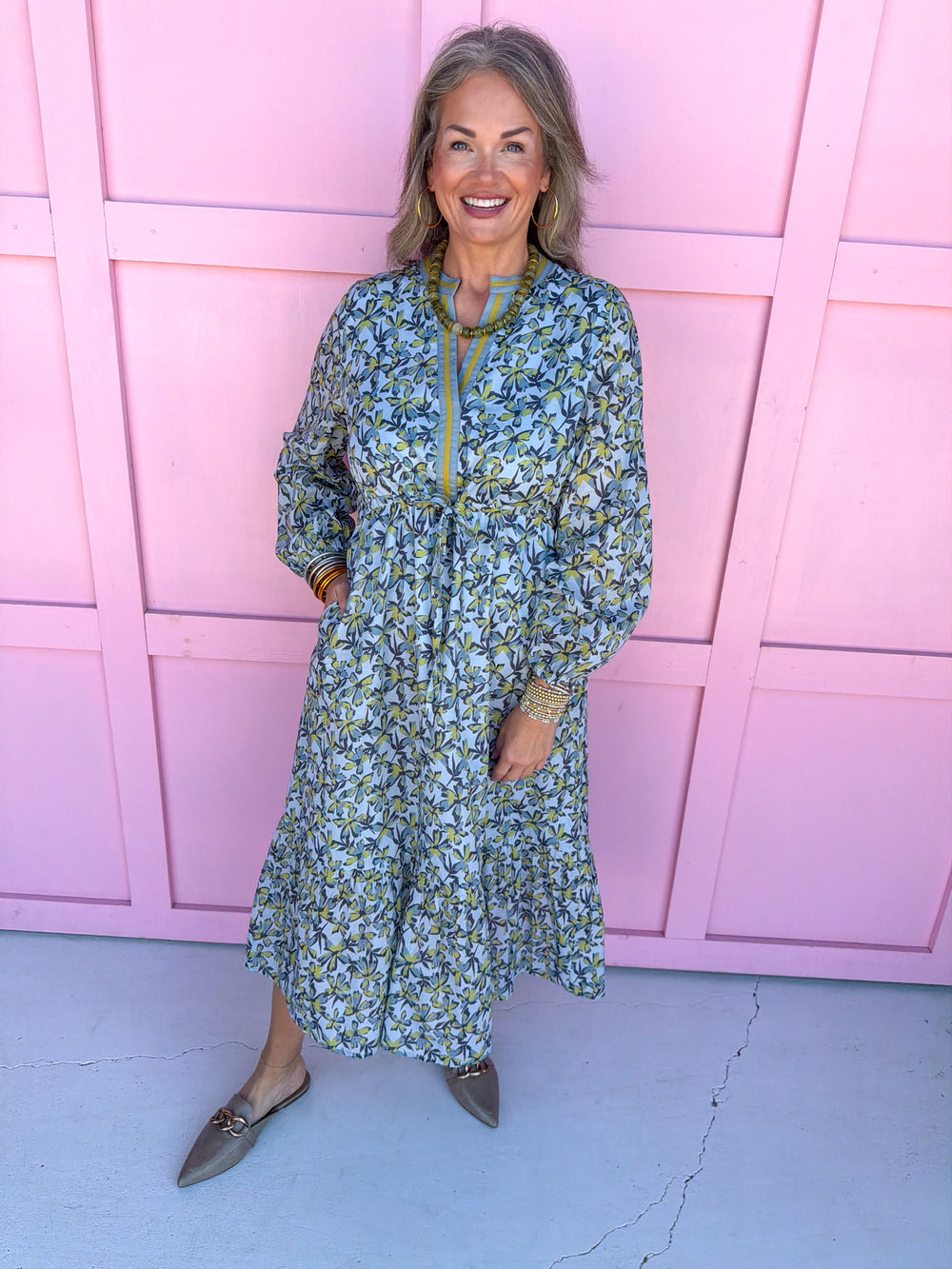 womens boutique dress blues and green florals vneck adjustable tie waist jincy's 