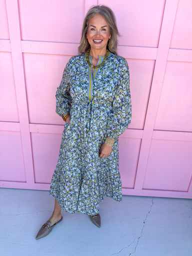 womens boutique dress blues and green florals vneck adjustable tie waist jincy's 