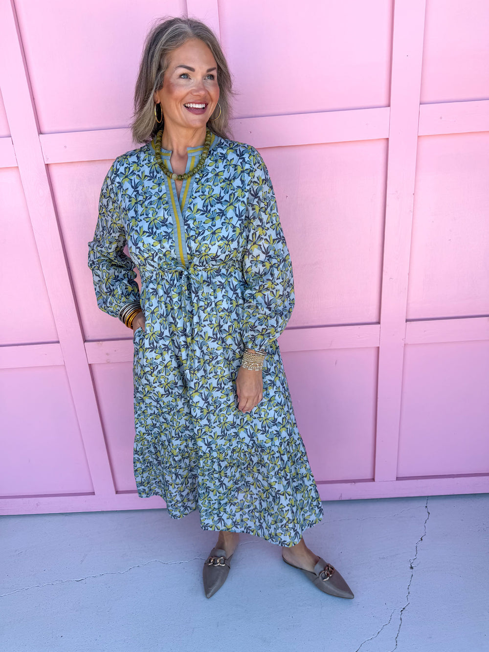 womens boutique dress blues and green florals vneck adjustable tie waist jincy's 