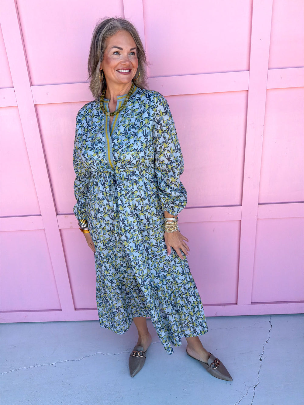 womens boutique dress blues and green florals vneck adjustable tie waist jincy's 