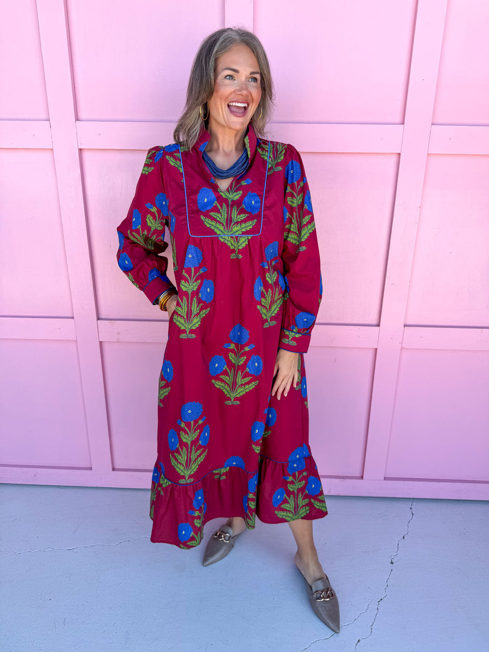 womens boutique dress burgundy blue floral print long sleeve midi length jincy's