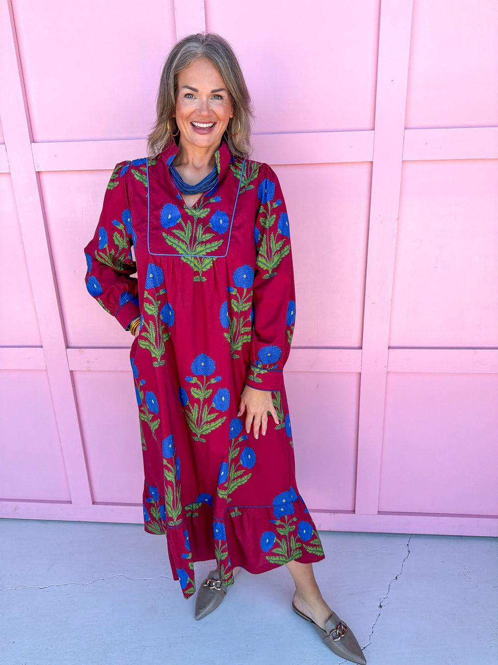 womens boutique dress burgundy blue floral print long sleeve midi length jincy's