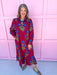 womens boutique dress burgundy blue floral print long sleeve midi length jincy's
