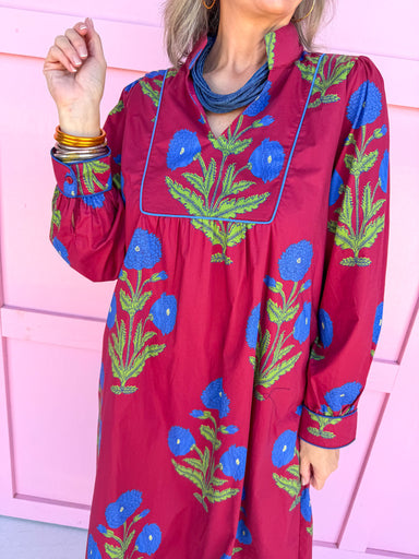 womens boutique dress burgundy blue floral print long sleeve midi length jincy's