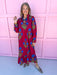 womens boutique dress burgundy blue floral print long sleeve midi length jincy's