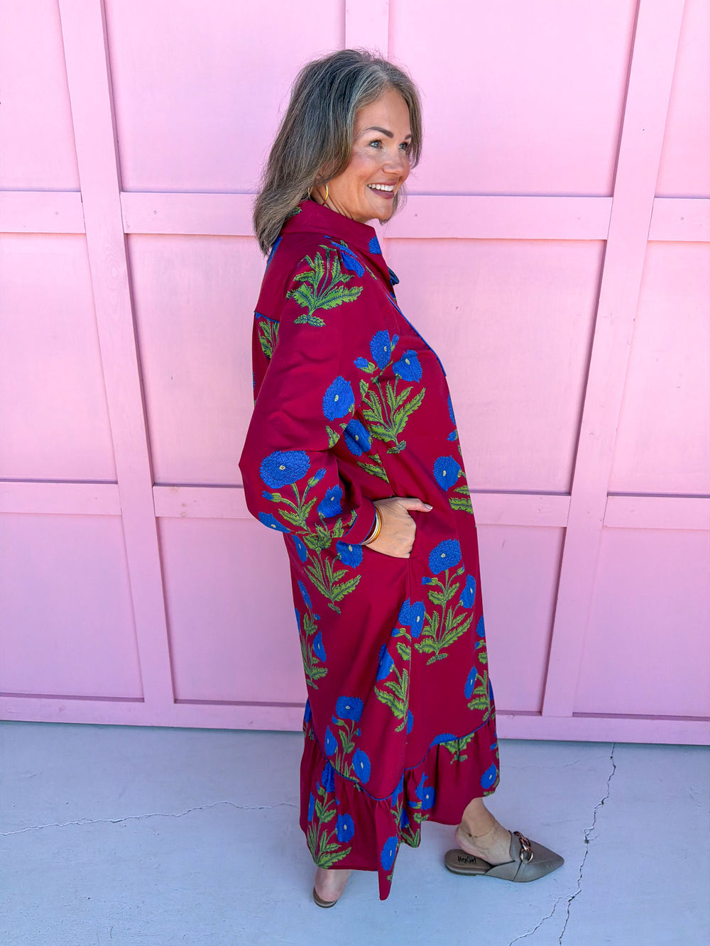 womens boutique dress burgundy blue floral print long sleeve midi length jincy's