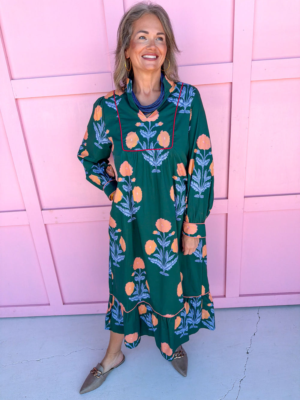 womens boutique dress hunter green coral floral print long sleeve midi length jincy's