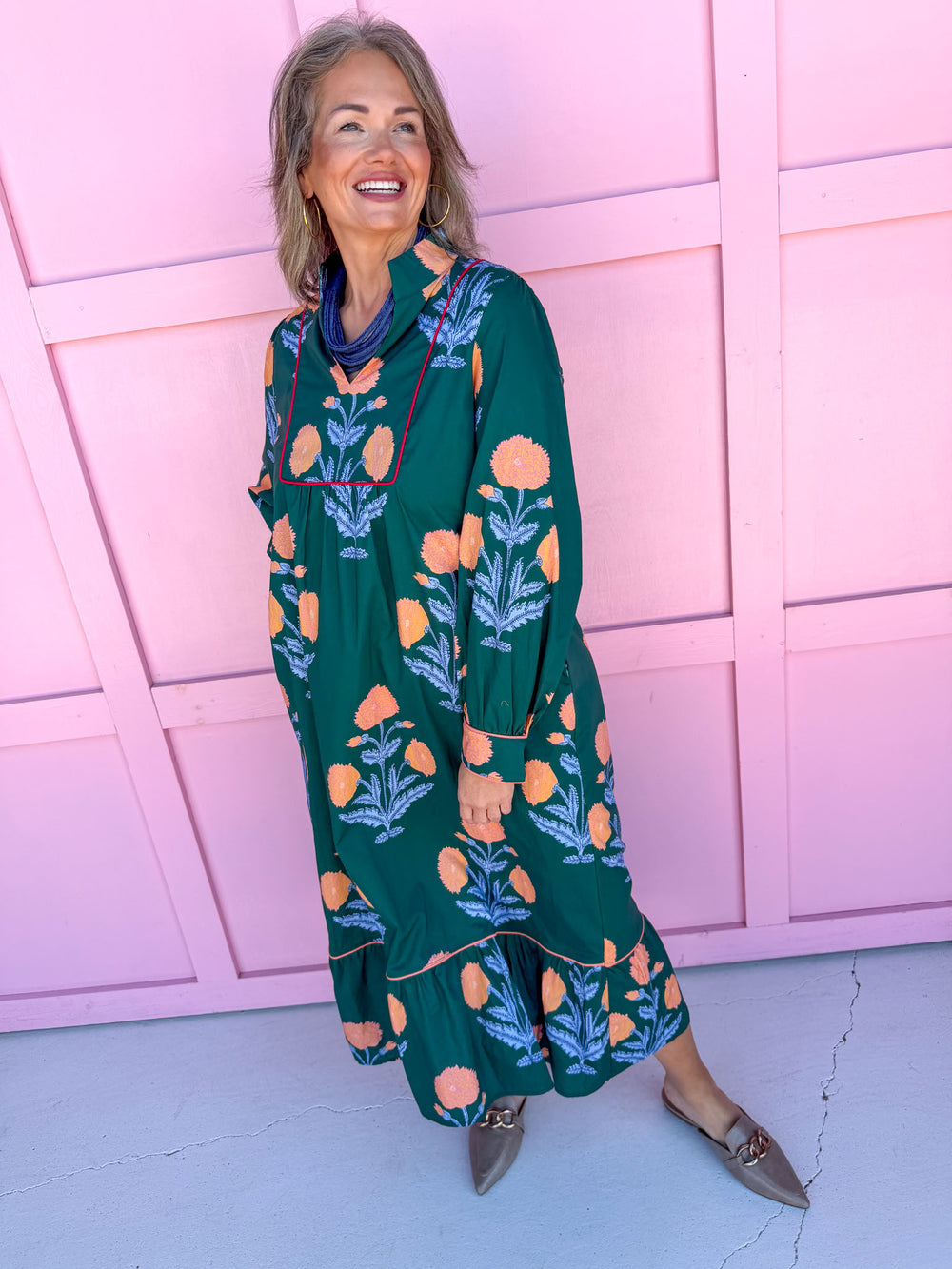 womens boutique dress hunter green coral floral print long sleeve midi length jincy's