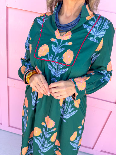 womens boutique dress hunter green coral floral print long sleeve midi length jincy's